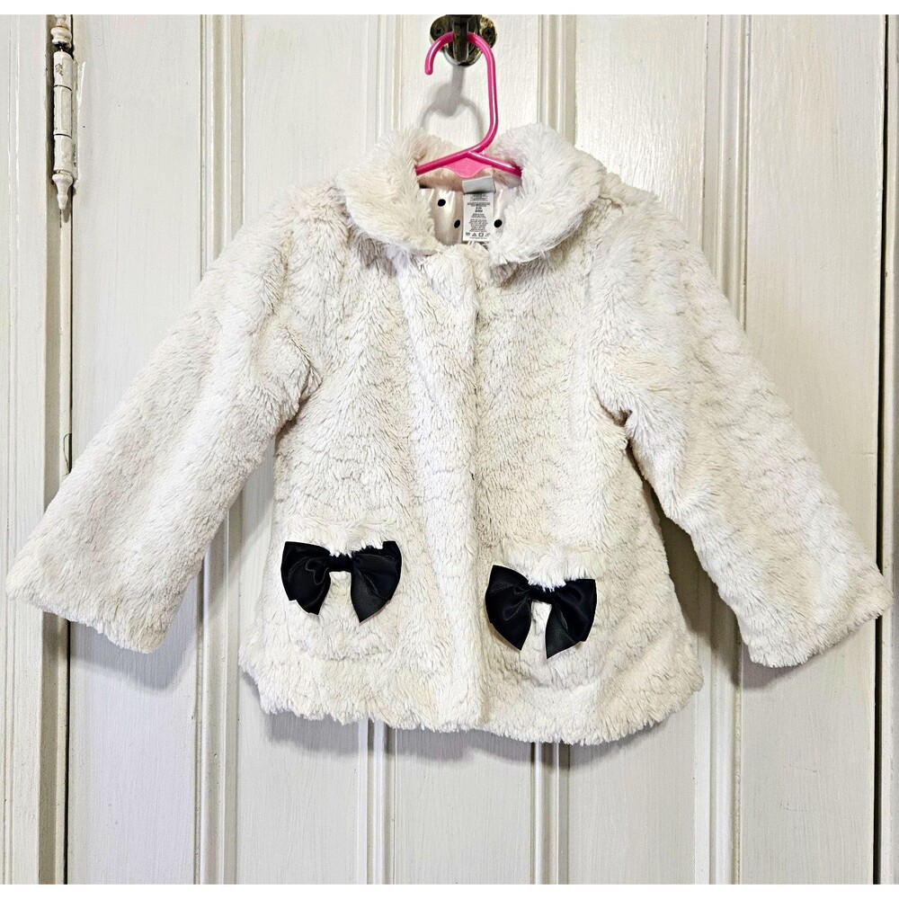 Little Me White Faux Fur Coat 24M Polka Dot Lined Black Bow Pockets